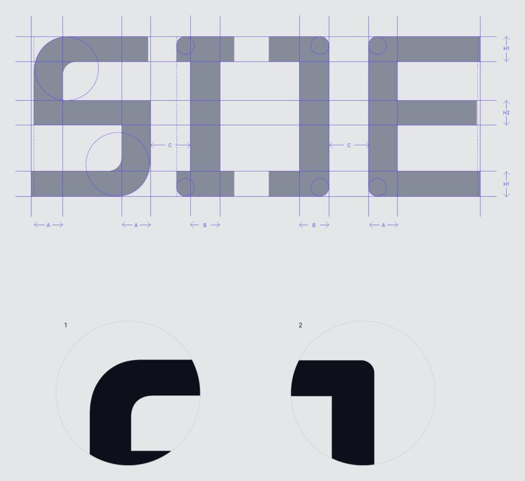 Wordmark on its grid, comparing the corner rounds of S and J