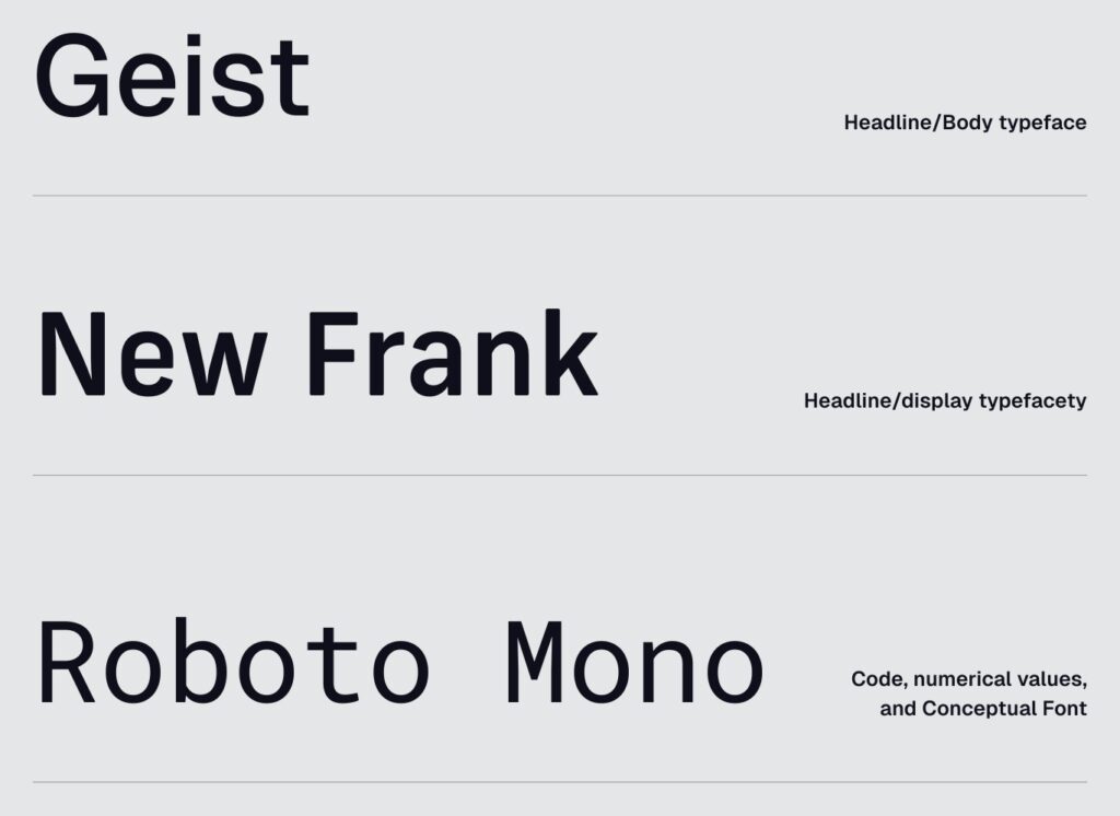 시제 영문 서체 세 가지: Geist, New Frank, Roboto Mono