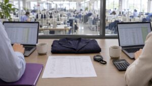 CM negotiation at a garment factory office with a woven jacket sample and an operation breakdown sheet