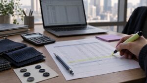 Vendor office desk with a highlighter marking the CM line on an FOB costing sheet