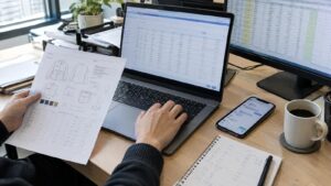 공급망 워크플로우 정보 전달, 벤더 사무실에서 TechPack 출력물을 보며 ERP에 입력하는 장면