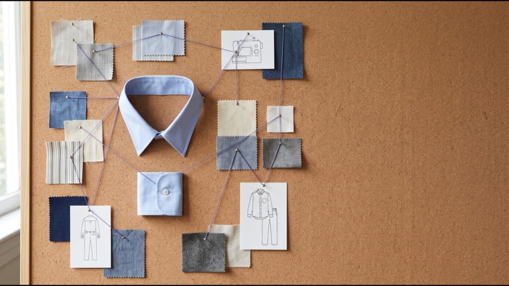 Fabric swatches, a collar, a cuff and sketch cards pinned to a cork board and linked with violet thread